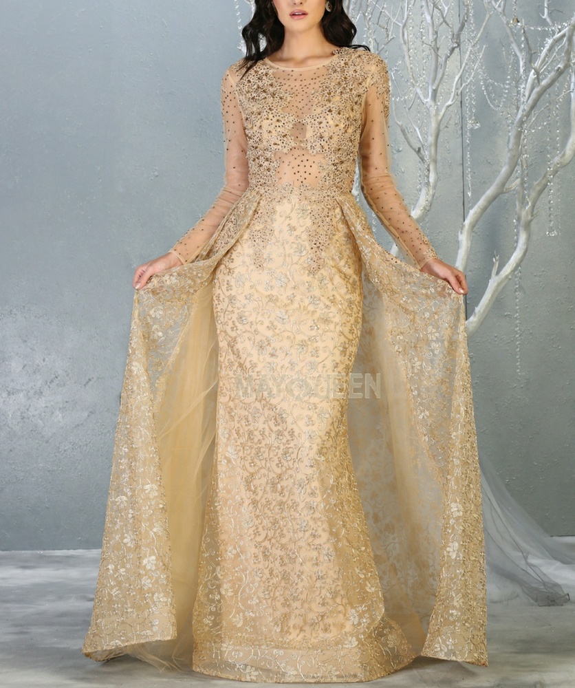 GOLD OR SILVER BEADED LACE EVENING GOWN - Picture 1 of 8